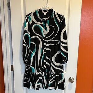 Nine West Black and White Patterned Dress with Teal Highlights